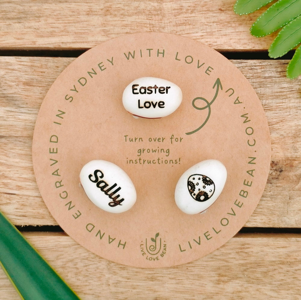 beans with easter love name and picture of egg